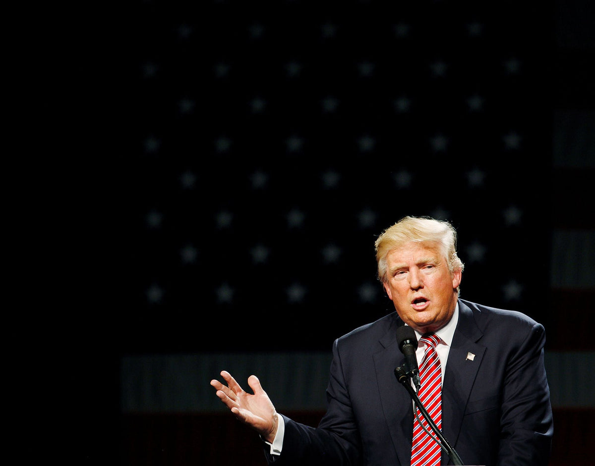 Donald Trump speaks at a podium during a 2016 campaign rally.
