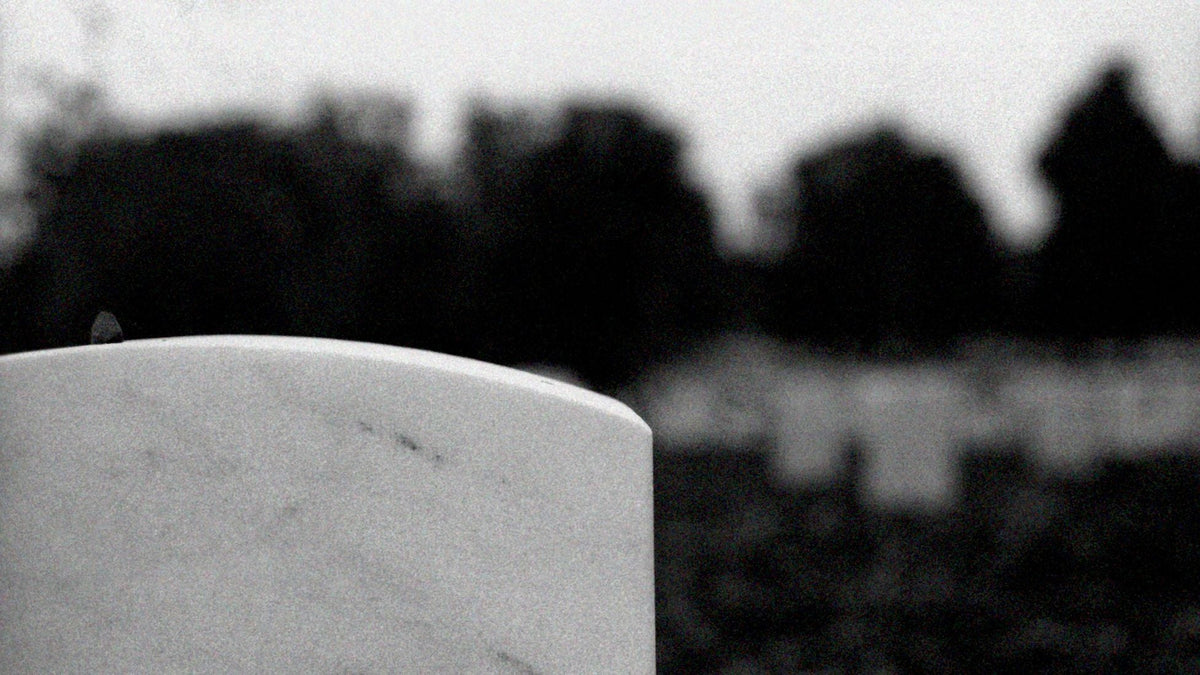 A white marble military headstone stands in a quiet cemetery, with rows of graves blurred in the background.