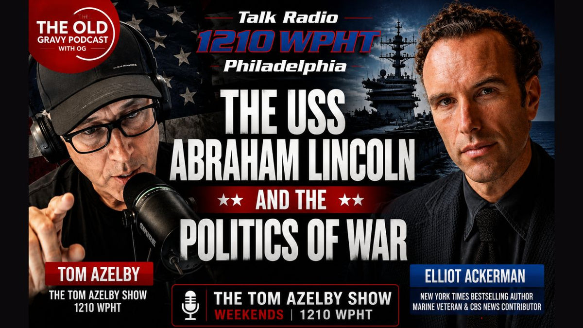 Tom Azelby and Elliot Ackerman featured in a 1210 WPHT interview graphic about the USS Abraham Lincoln, media coverage, and the politics of war.