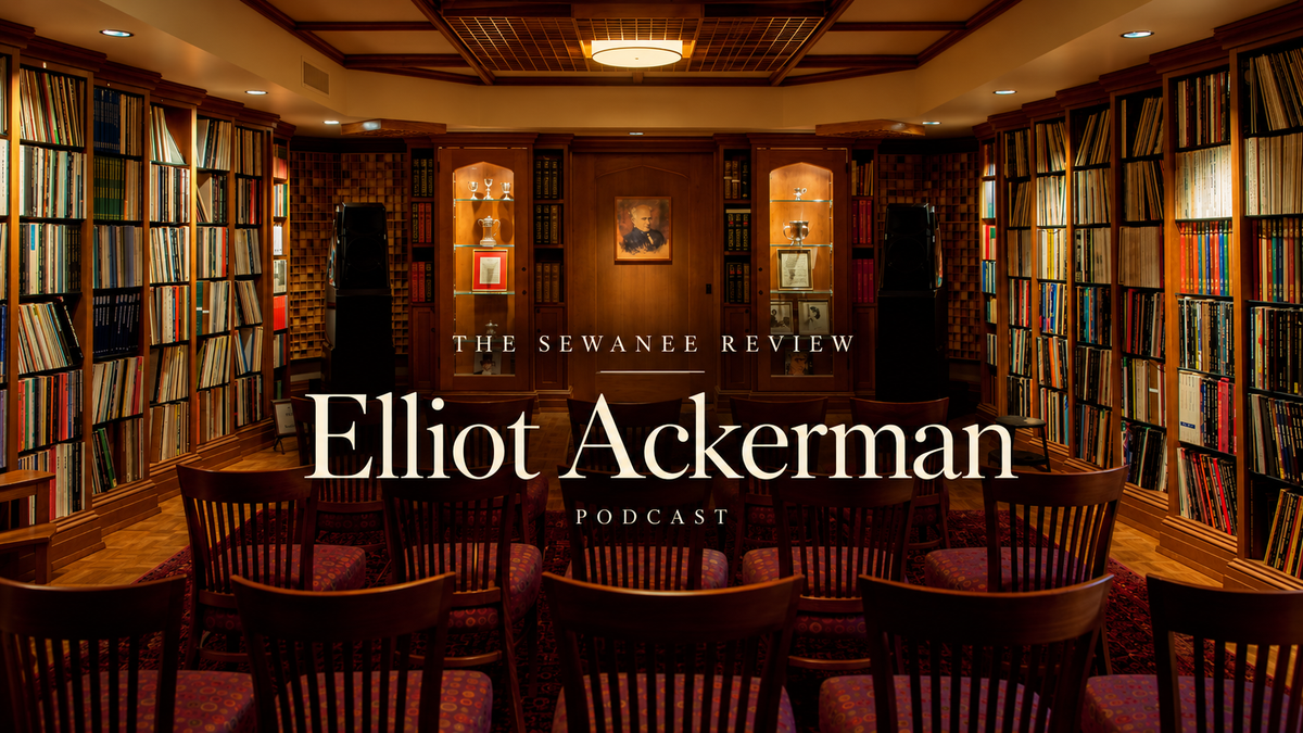 Elliot Ackerman’s Sewanee Review podcast graphic over the wood-paneled William Ralston Music Listening Library