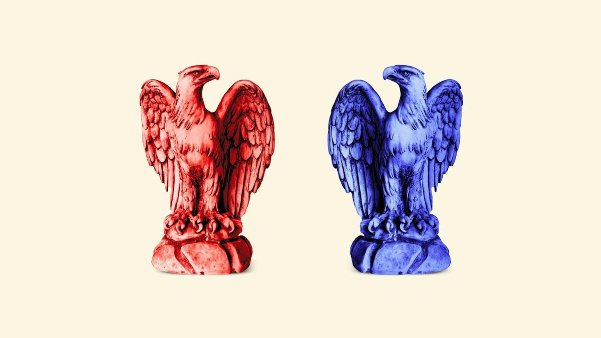 Two stylized eagle statues, one red and one blue, stand facing opposite directions against a neutral background.