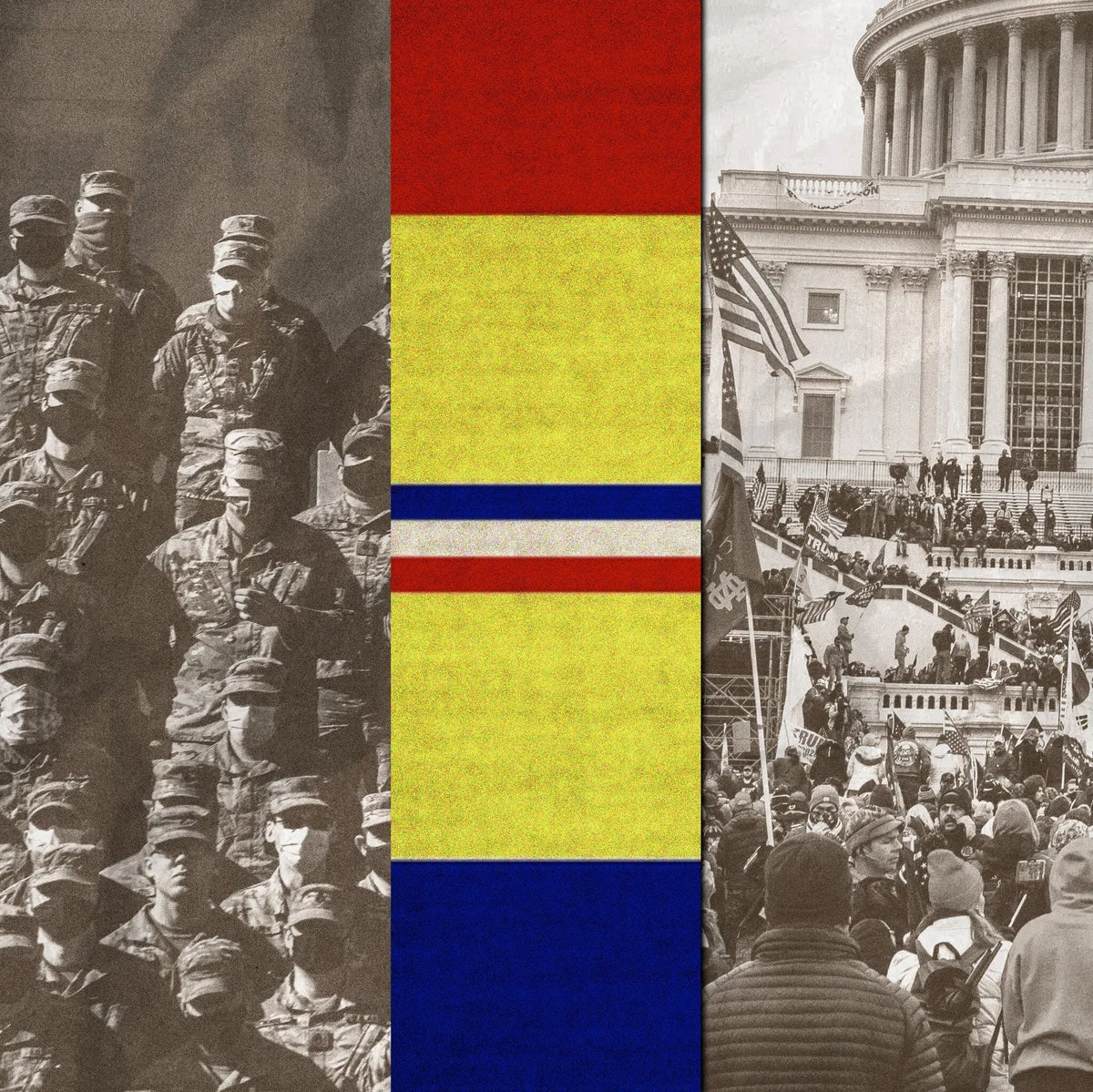 Stylized editorial graphic showing rows of uniformed U.S. military personnel on the left, a military service ribbon in the center, and a crowd gathered at the U.S. Capitol during the January 6 attack on the right.