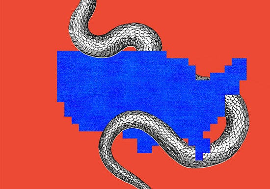 A crowned serpent winds around a pixelated blue map of the United States against a red background. Illustration by The Free Press.