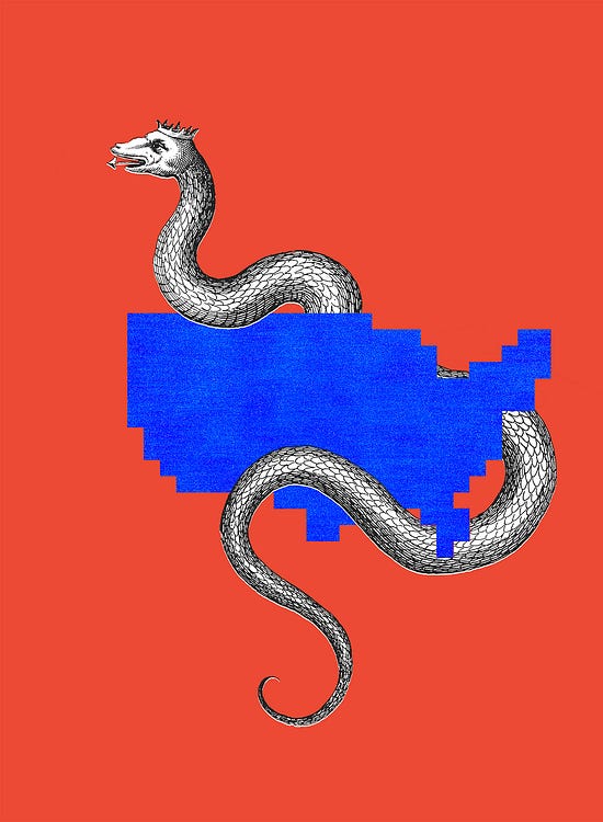 A crowned serpent winds around a pixelated blue map of the United States against a red background. Illustration by The Free Press.