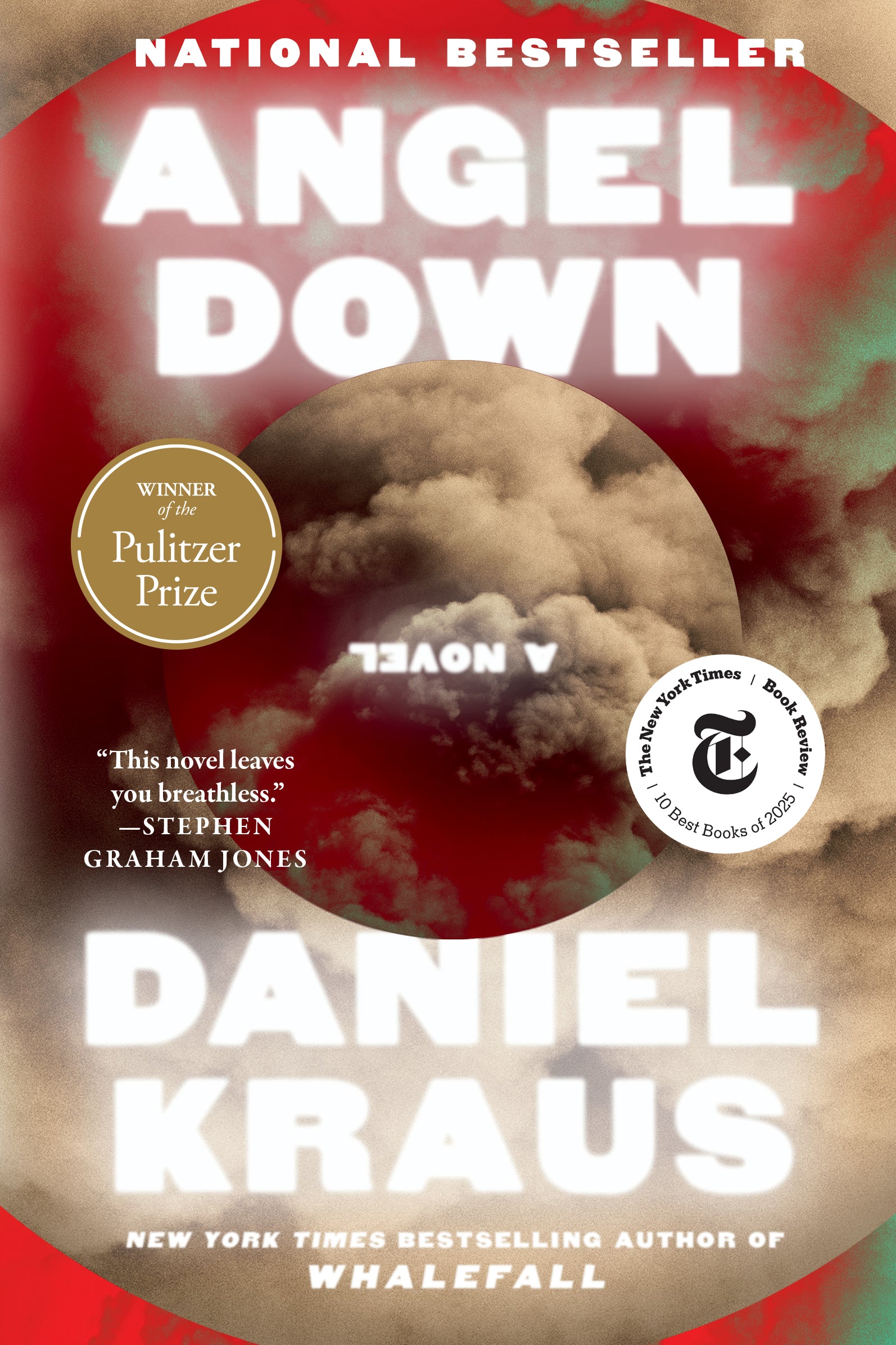 Cover of Angel Down by Daniel Kraus, featuring white title lettering against red and dark clouds.