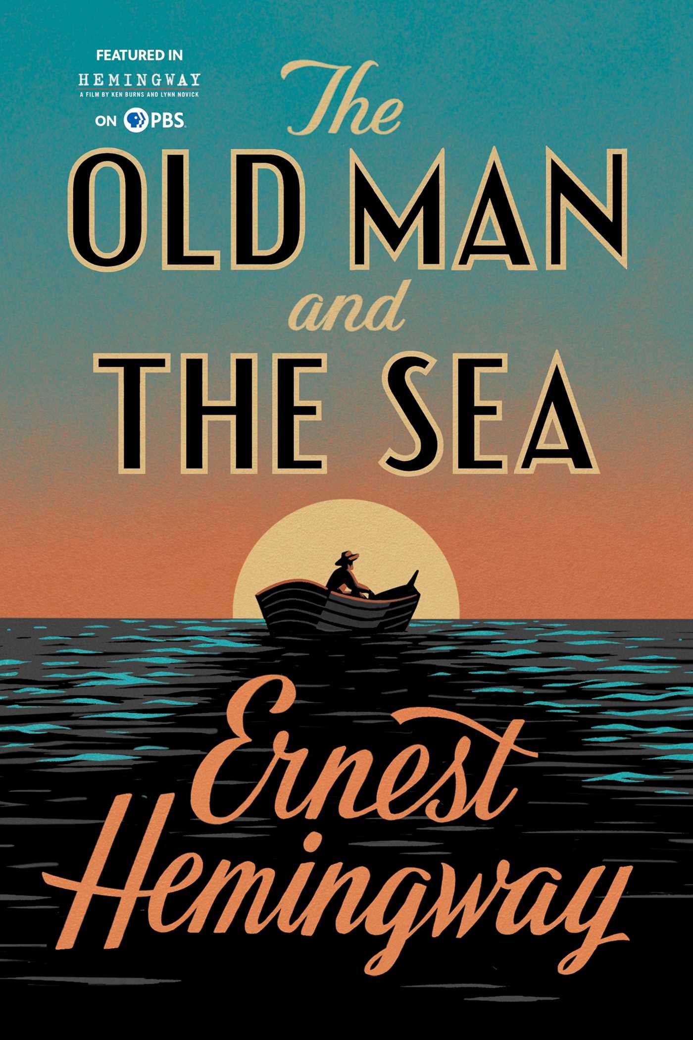 Cover of The Old Man and the Sea by Ernest Hemingway, showing a fisherman in a small boat against a setting sun and a teal-to-orange sky.