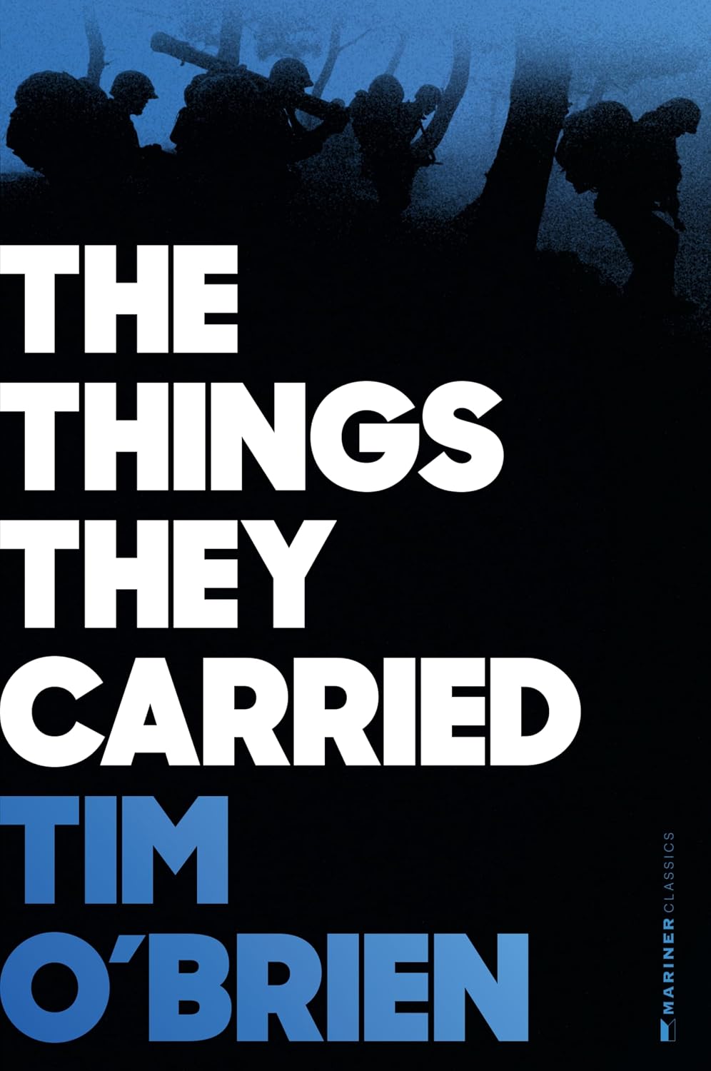 Cover of The Things They Carried by Tim O’Brien, with white title lettering, blue author lettering, and silhouettes of soldiers against a blue-and-black background.